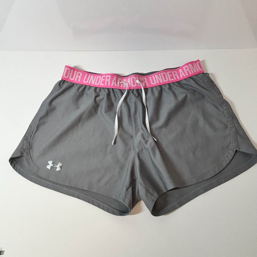 Under Armour grey running shorts with pink logo waistband and drawstring